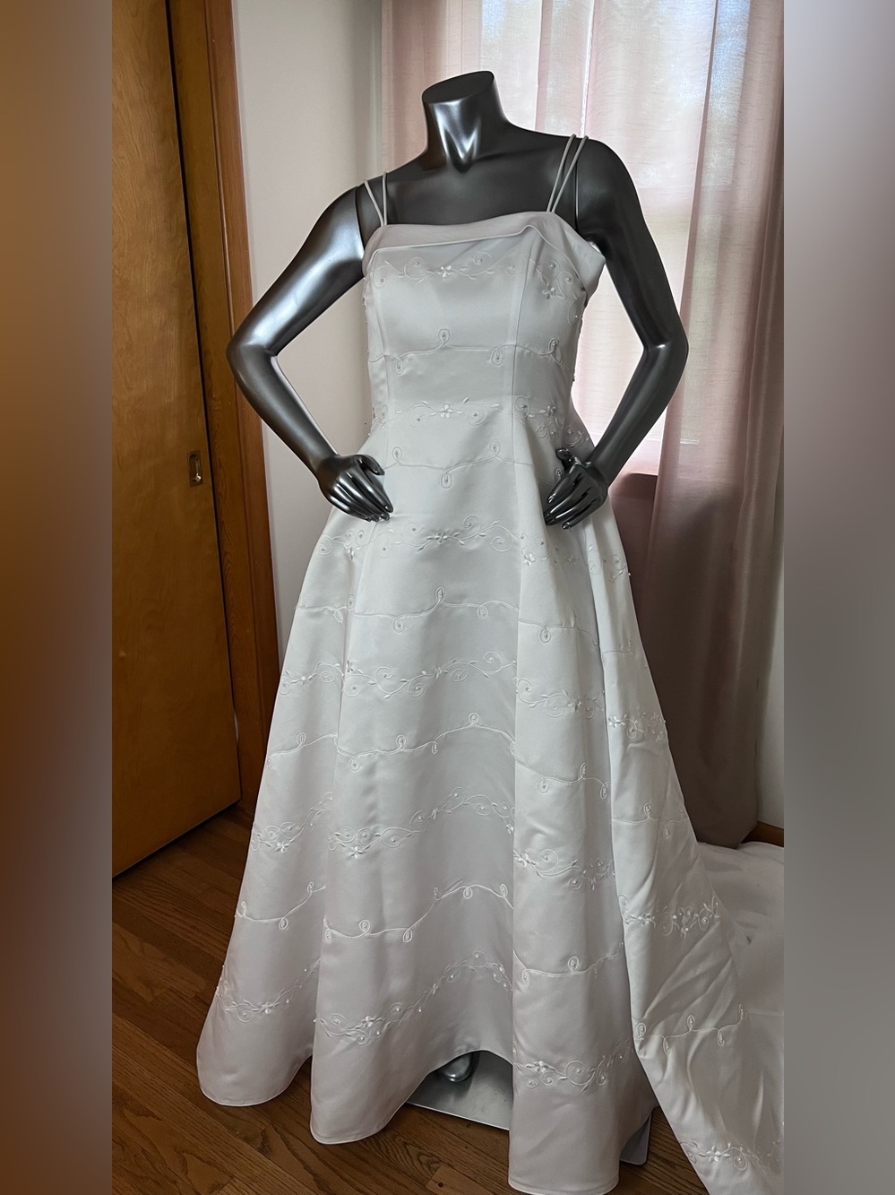 David's Bridal White Satin Bridal Gown with Embroidered Detail